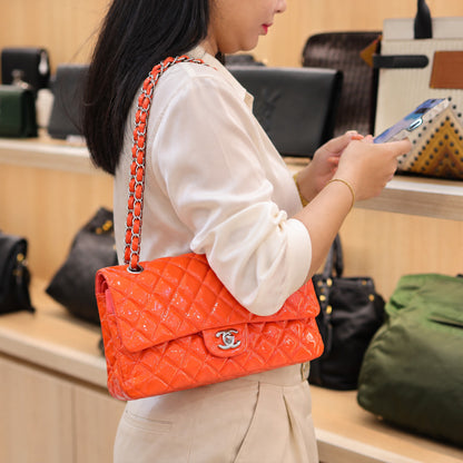 Chanel Classic Small Double Flap Bag in Orange Patent Leather