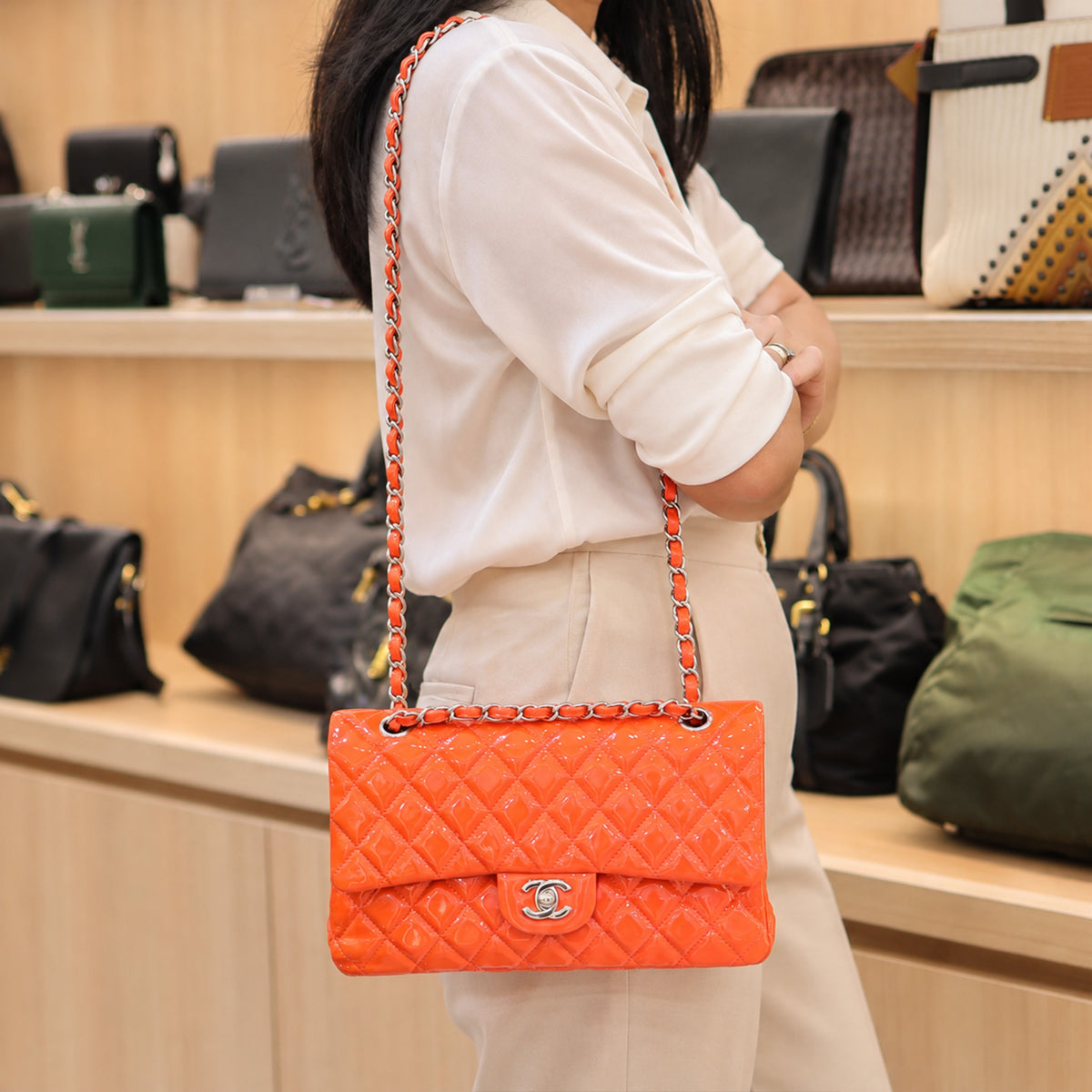 Chanel Classic Small Double Flap Bag in Orange Patent Leather