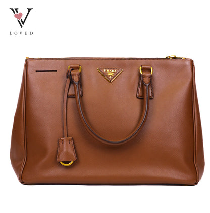 Prada Galleria Double Zip Tote In Brown Saffiano Leather