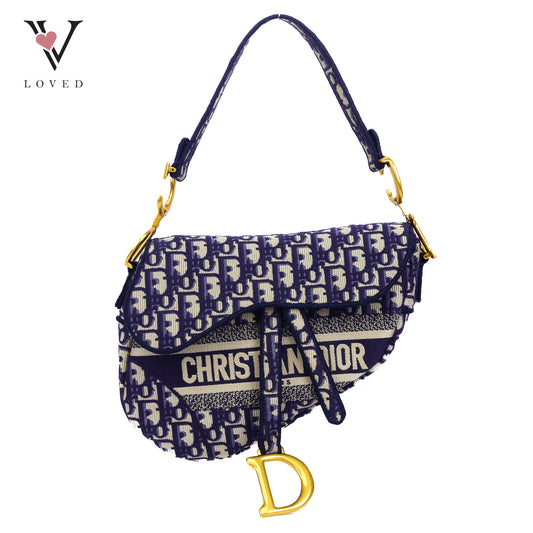 Christian Dior Medium Saddle Bag In Blue Dior Oblique Embroidery