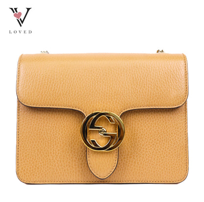 Gucci Interlocking G Chain Strap Shoulder Bag In Beige Leather