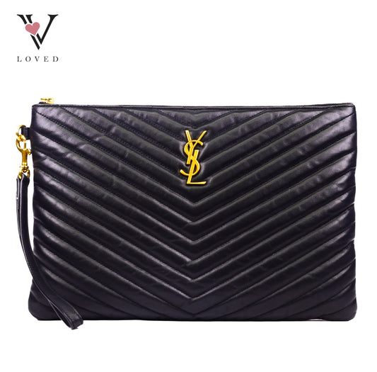 Yves Saint Laurent Cassandre Matelasse Large Clutch In Black Leather
