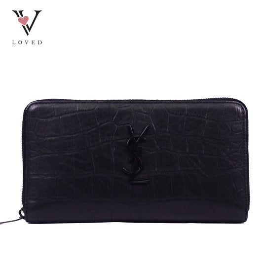 Yves Saint Laurent Crocodile Embossed Zip Around Long Wallet