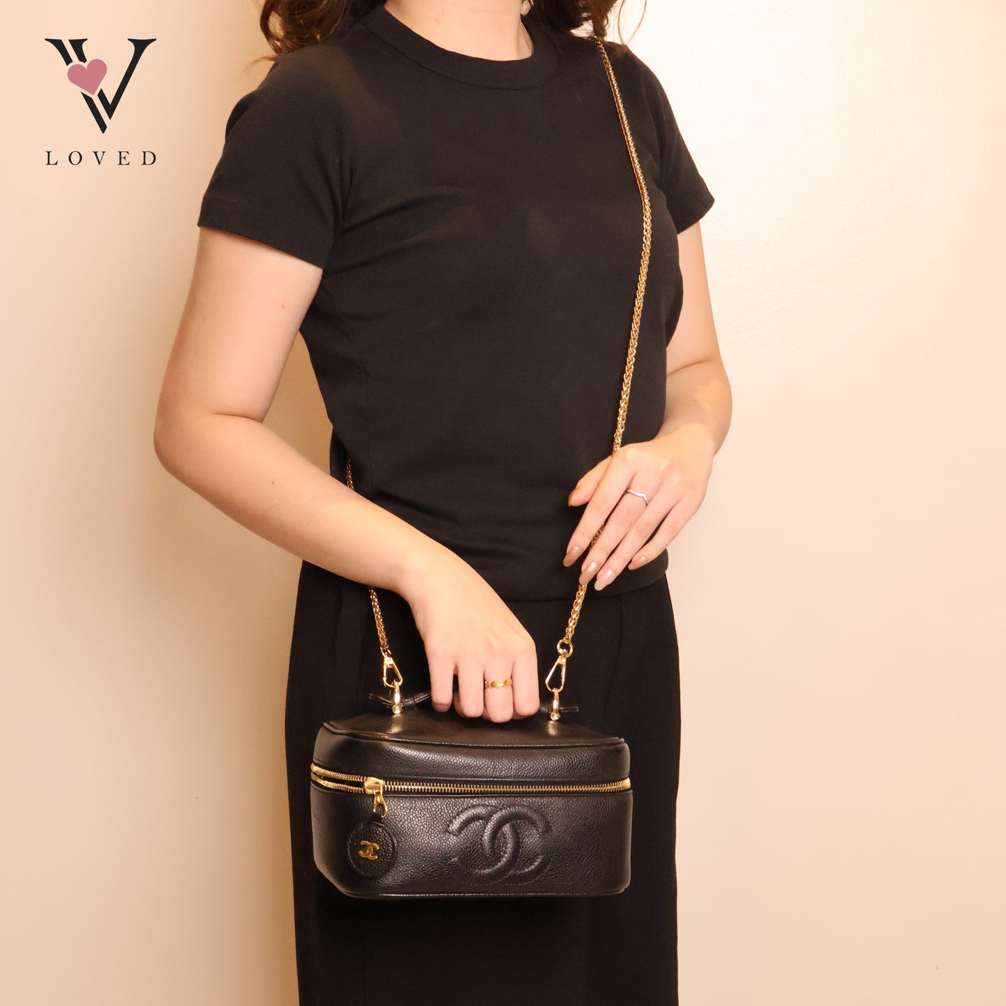 Black Caviar Skin Coco Mark Vanity Handbag