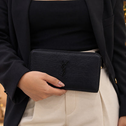 Yves Saint Laurent Crocodile Embossed Zip Around Long Wallet