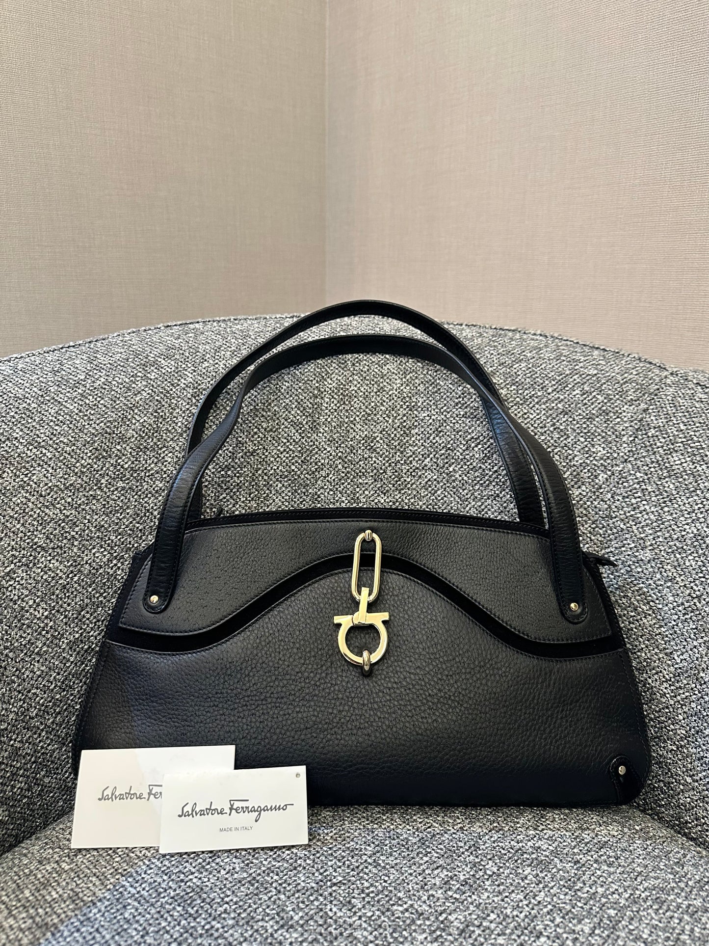 Salvatore Ferragamo Gancini Shoulder Bag in Black Leather and Suede