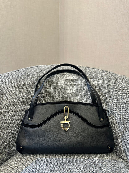Salvatore Ferragamo Gancini Shoulder Bag in Black Leather and Suede