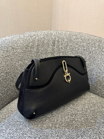 Salvatore Ferragamo Gancini Shoulder Bag in Black Leather and Suede