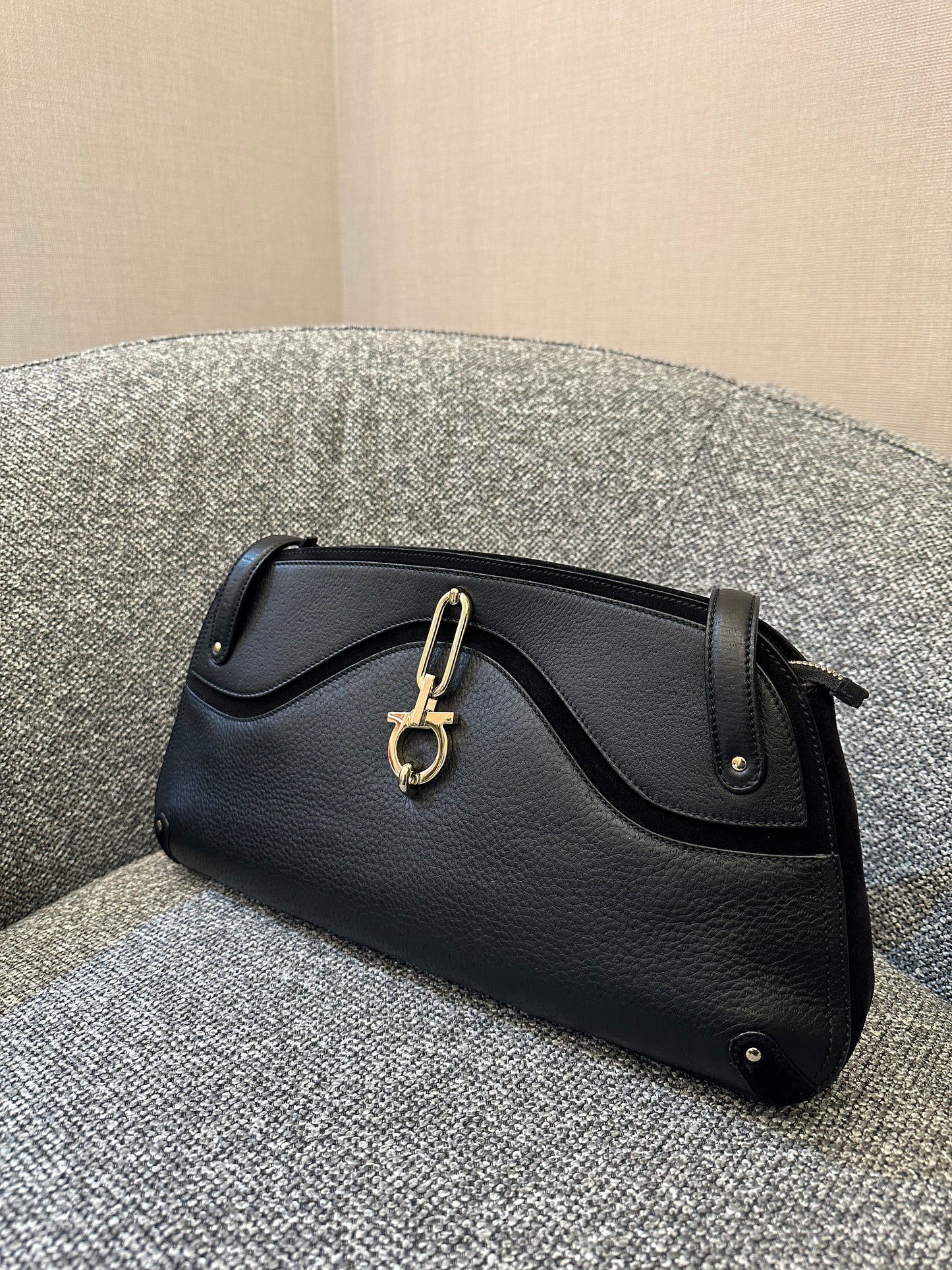 Salvatore Ferragamo Gancini Shoulder Bag in Black Leather and Suede