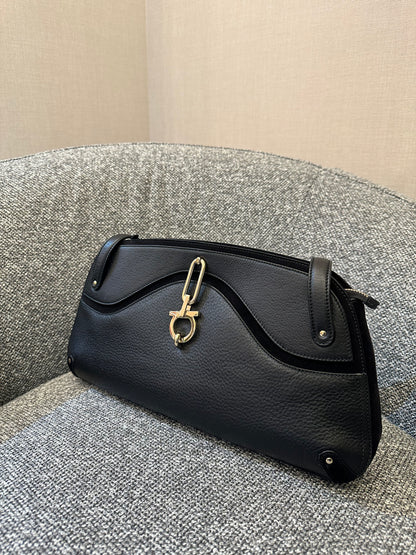Salvatore Ferragamo Gancini Shoulder Bag in Black Leather and Suede