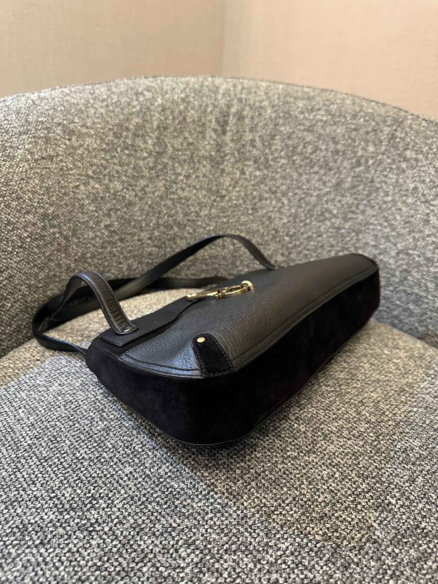 Salvatore Ferragamo Gancini Shoulder Bag in Black Leather and Suede