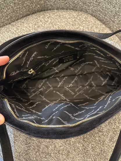 Salvatore Ferragamo Gancini Shoulder Bag in Black Leather and Suede