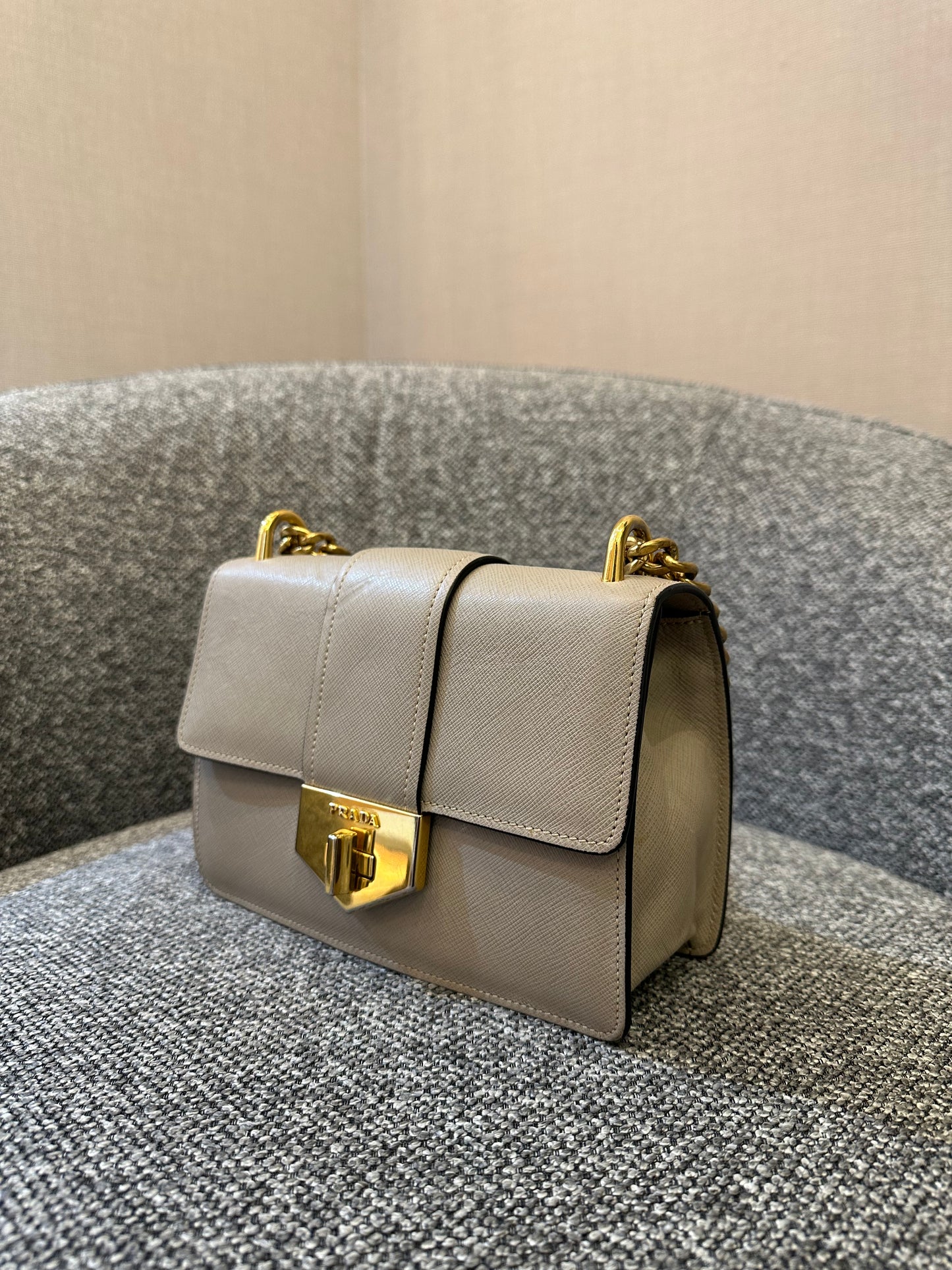 Prada Saffiano Leather Chain Shoulder Bag in Beige