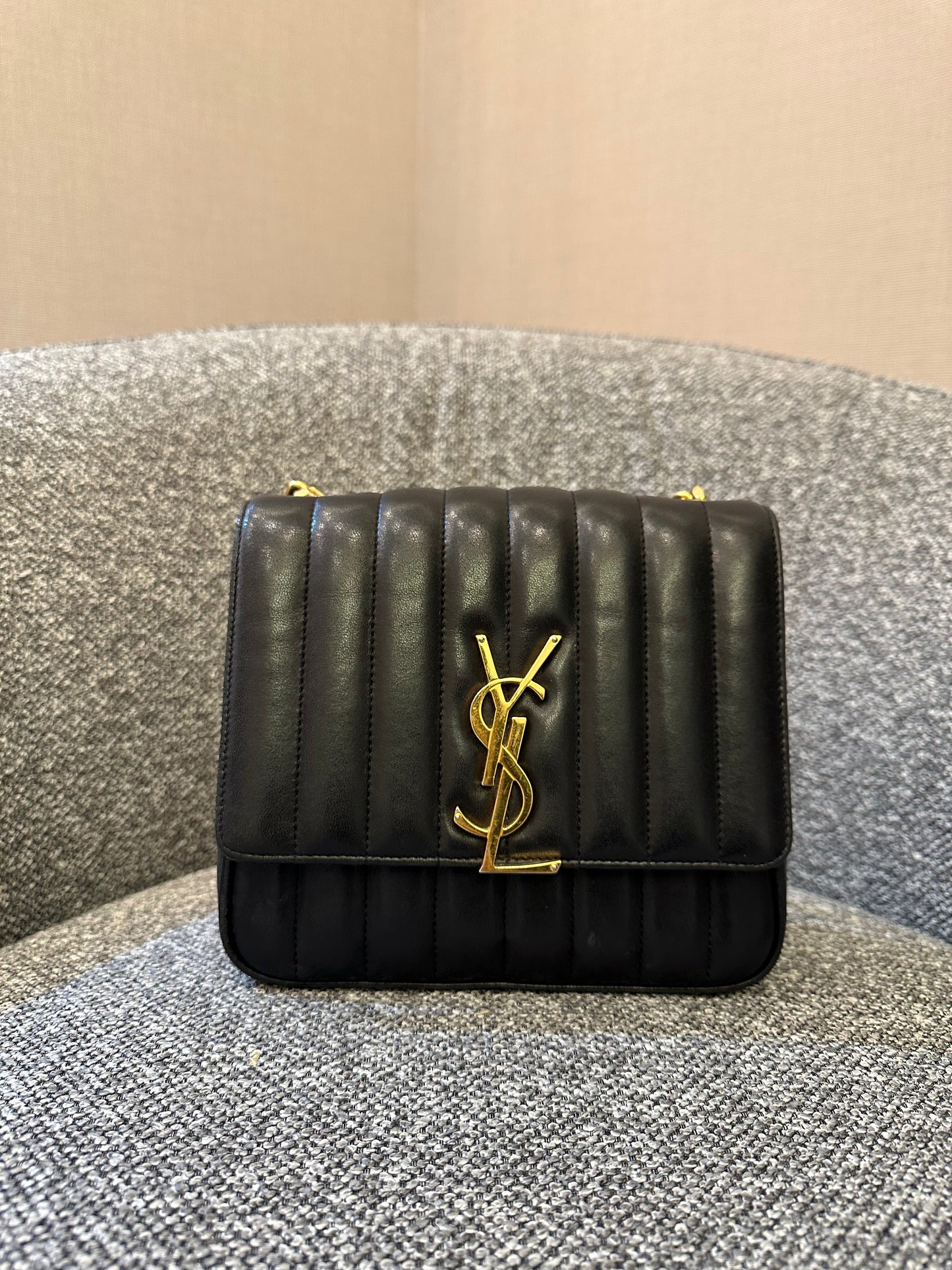 Yves Saint Laurent Vicky Shoulder Bag in Black Quilted Leather