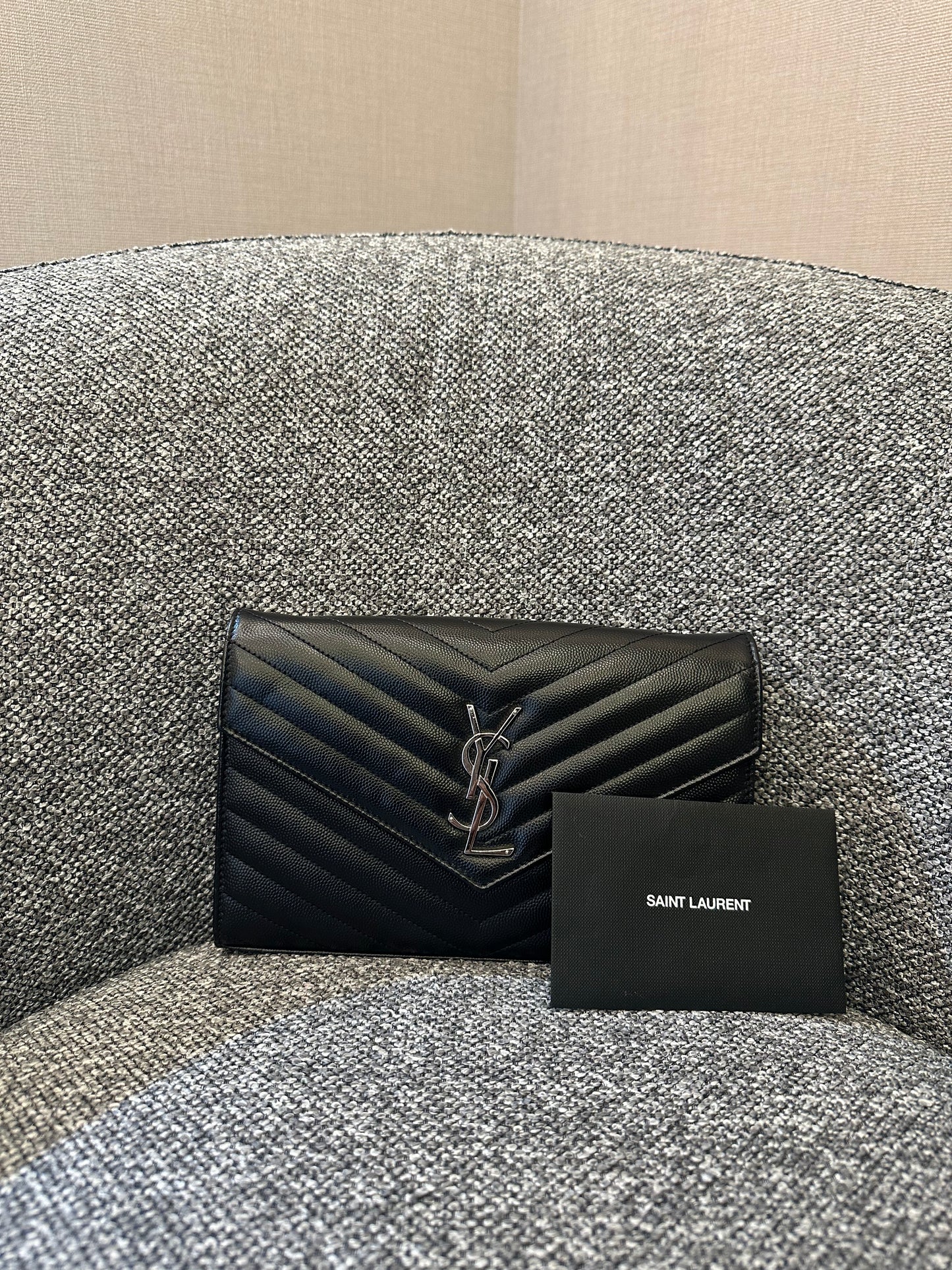Yves Saint Laurent Wallet on Chain in Black Chevron Leather with Silver Hardware