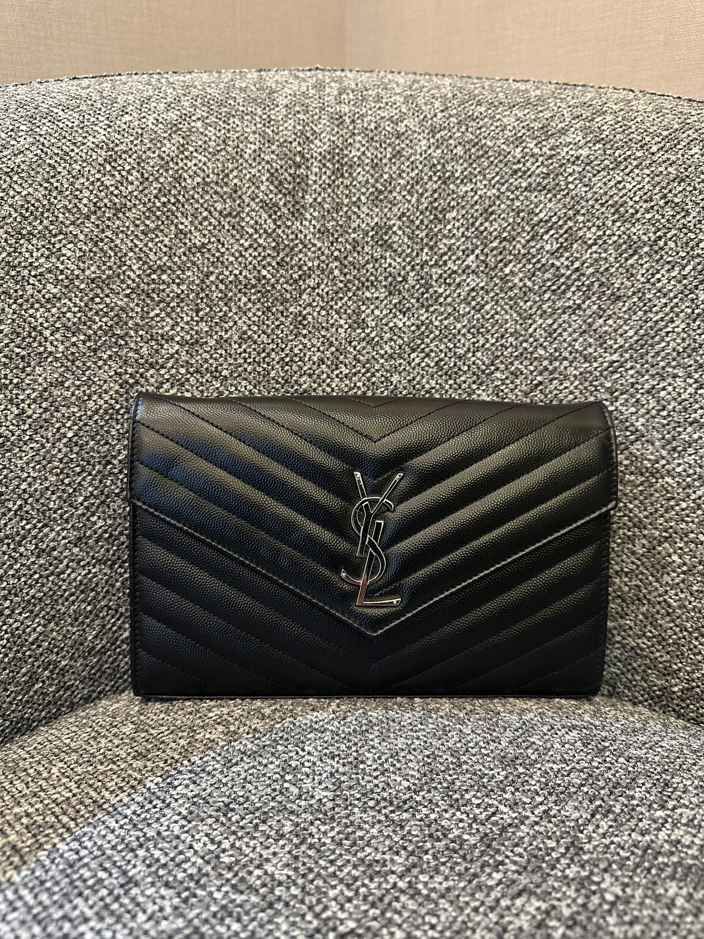 Yves Saint Laurent Wallet on Chain in Black Chevron Leather with Silver Hardware