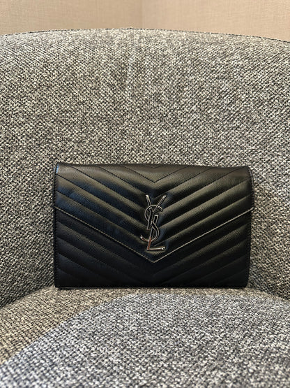Yves Saint Laurent Wallet on Chain in Black Chevron Leather with Silver Hardware