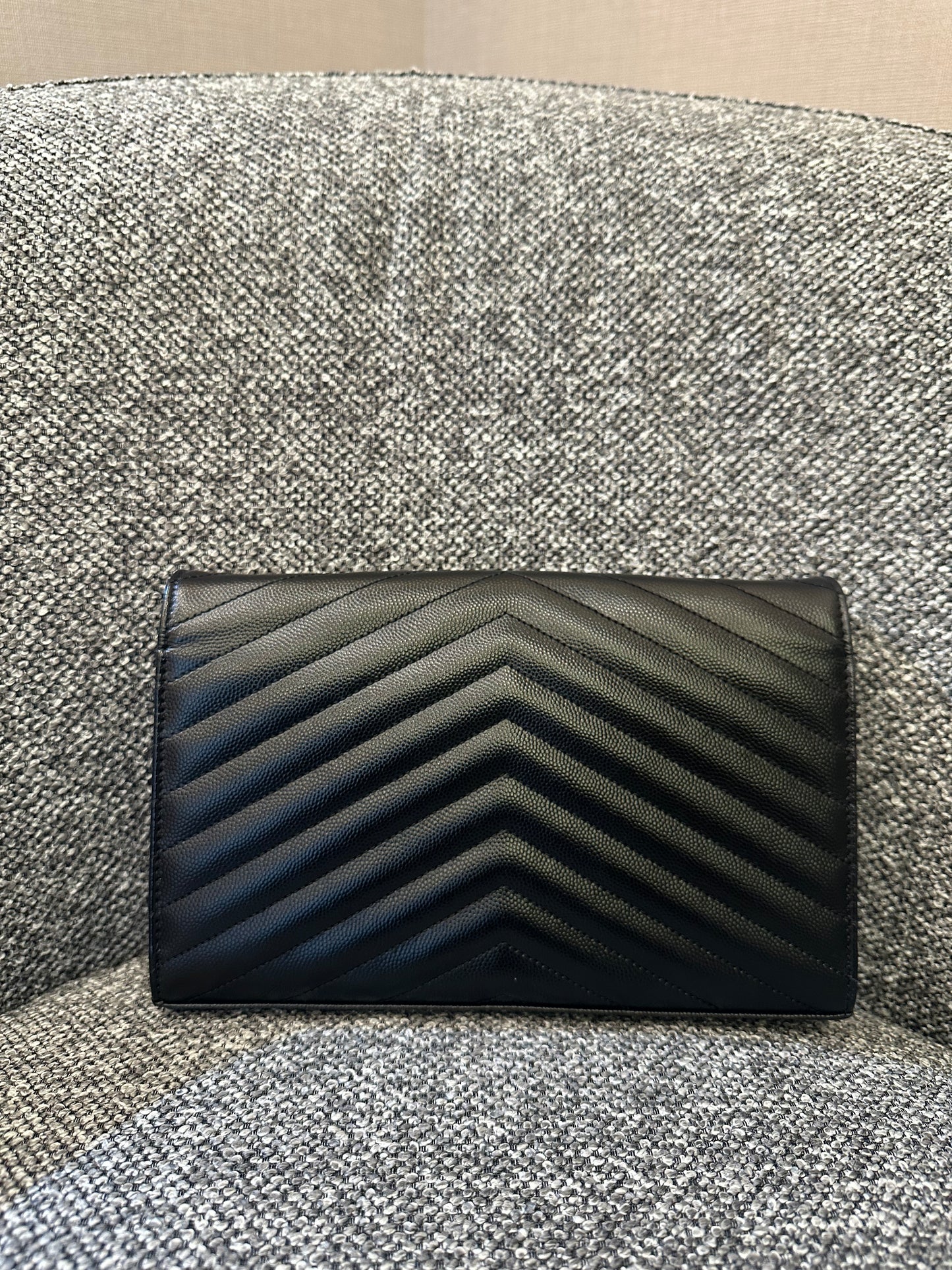 Yves Saint Laurent Wallet on Chain in Black Chevron Leather with Silver Hardware