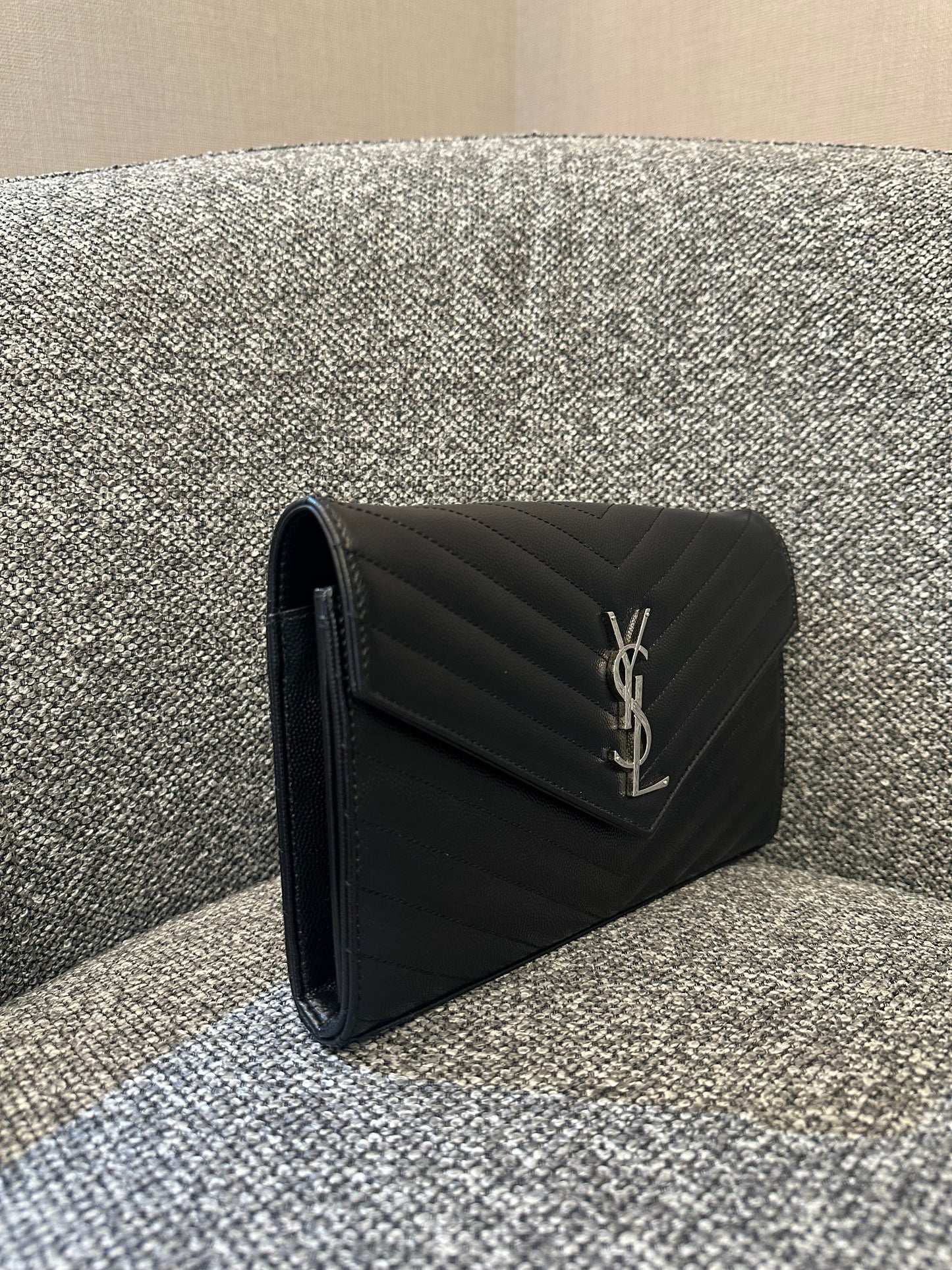 Yves Saint Laurent Wallet on Chain in Black Chevron Leather with Silver Hardware