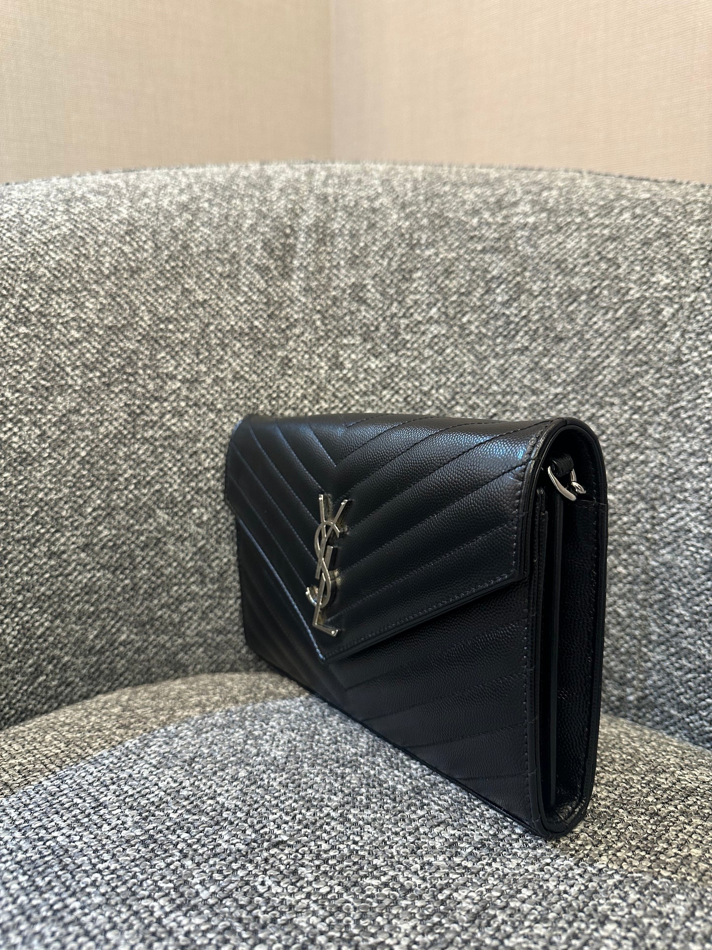 Yves Saint Laurent Wallet on Chain in Black Chevron Leather with Silver Hardware