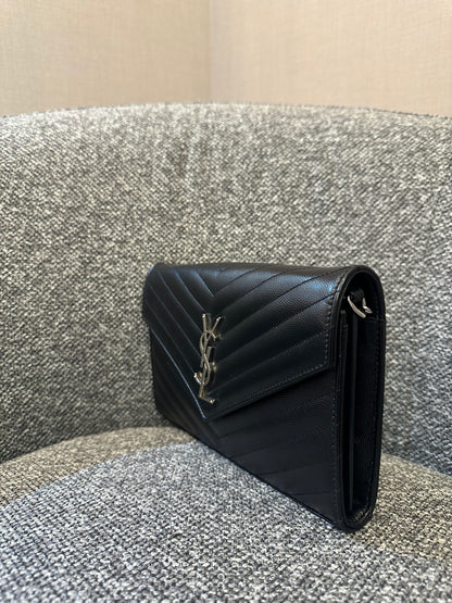 Yves Saint Laurent Wallet on Chain in Black Chevron Leather with Silver Hardware