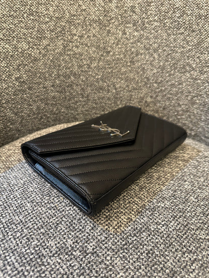 Yves Saint Laurent Wallet on Chain in Black Chevron Leather with Silver Hardware