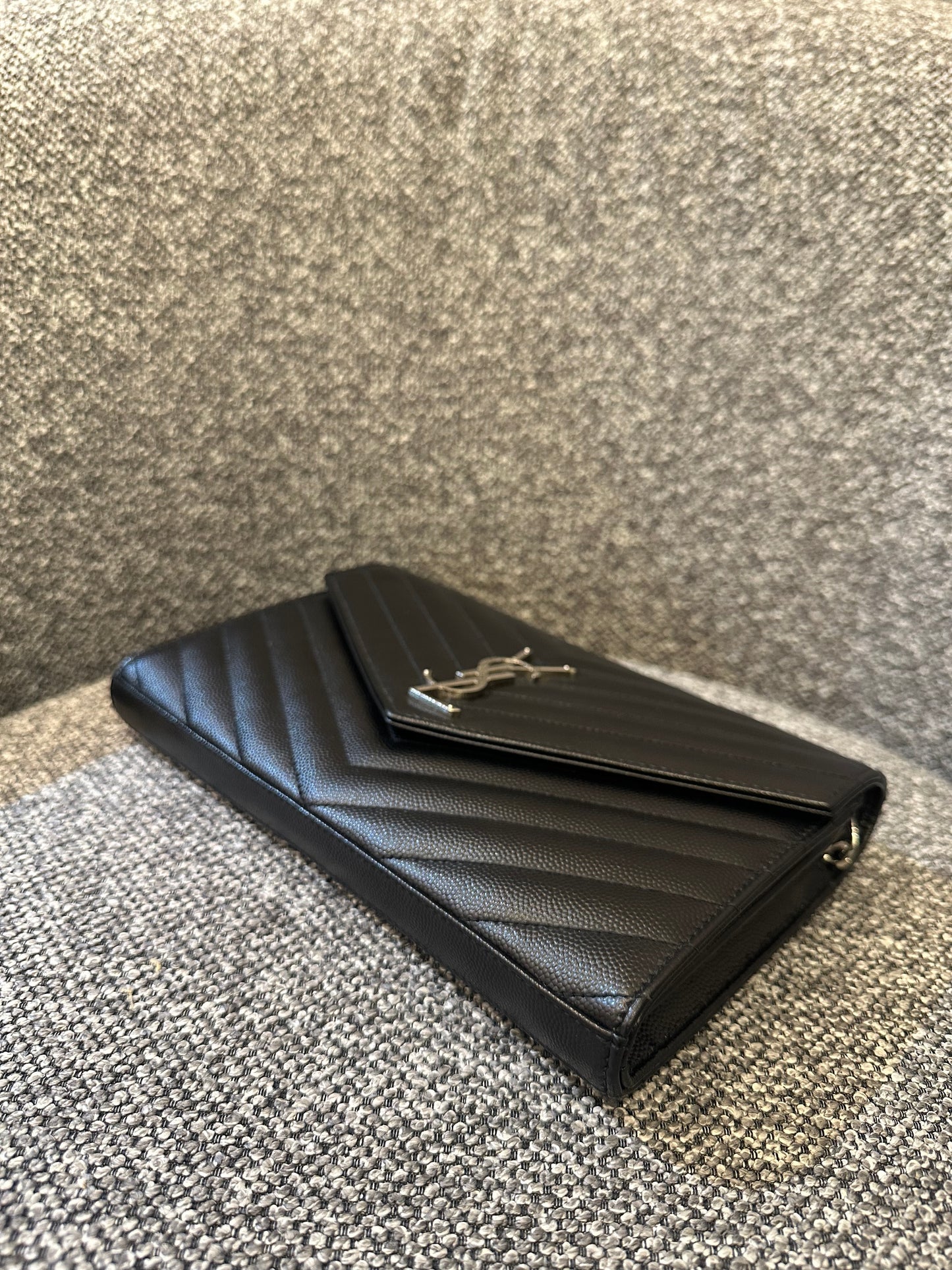 Yves Saint Laurent Wallet on Chain in Black Chevron Leather with Silver Hardware