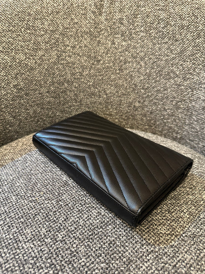 Yves Saint Laurent Wallet on Chain in Black Chevron Leather with Silver Hardware
