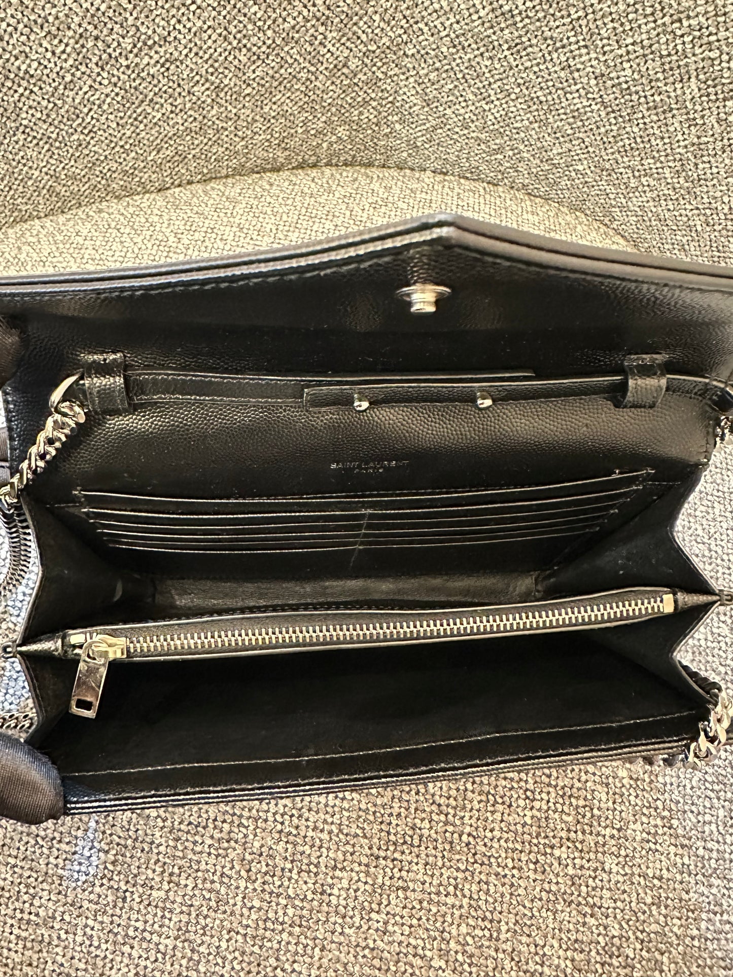 Yves Saint Laurent Wallet on Chain in Black Chevron Leather with Silver Hardware