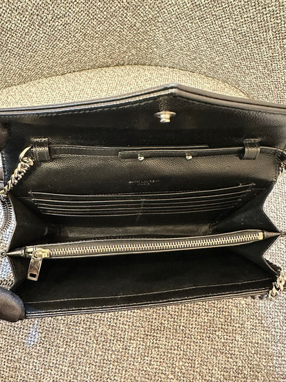 Yves Saint Laurent Wallet on Chain in Black Chevron Leather with Silver Hardware