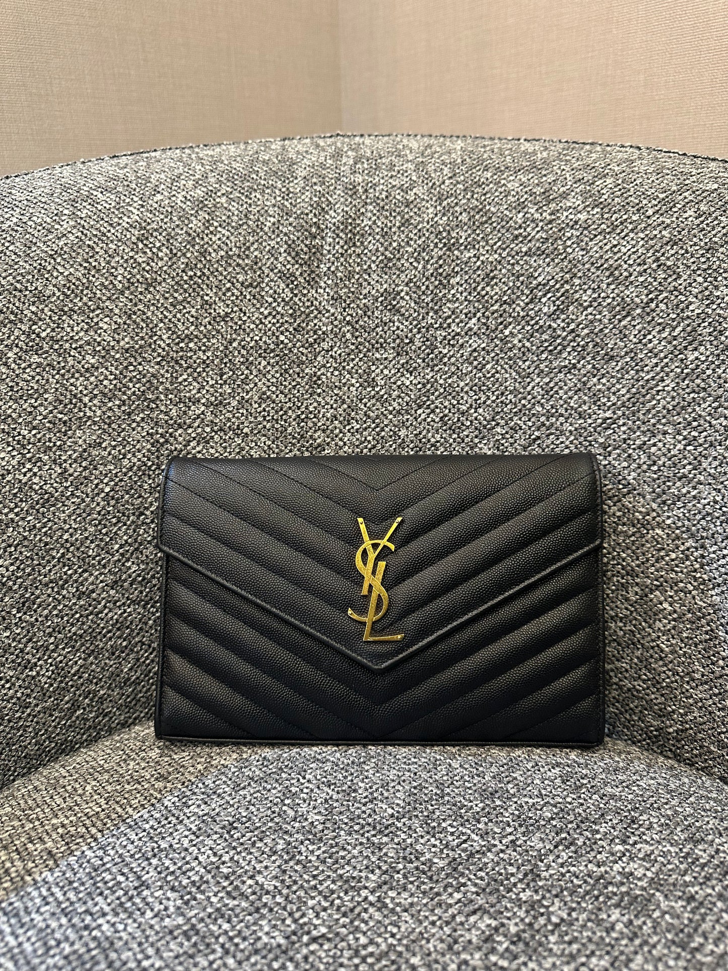 Yves Saint Laurent Wallet on Chain in Black Chevron Leather with Gold Hardware