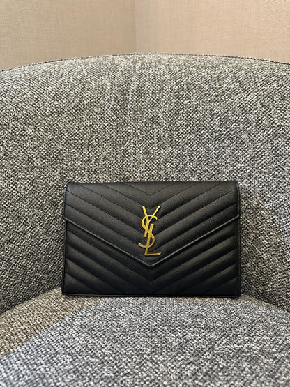 Yves Saint Laurent Wallet on Chain in Black Chevron Leather with Gold Hardware