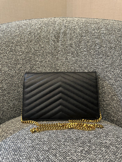 Yves Saint Laurent Wallet on Chain in Black Chevron Leather with Gold Hardware