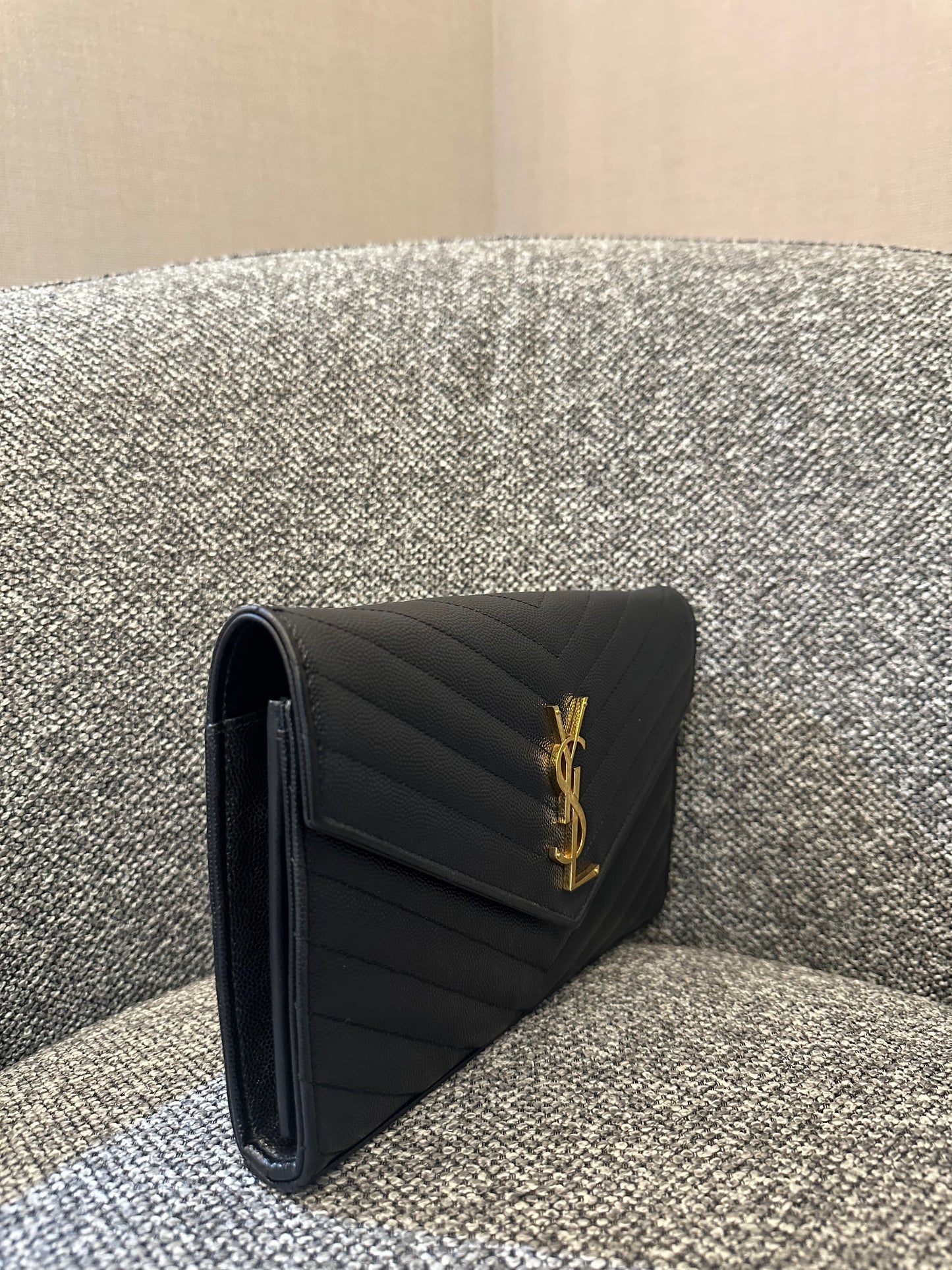 Yves Saint Laurent Wallet on Chain in Black Chevron Leather with Gold Hardware