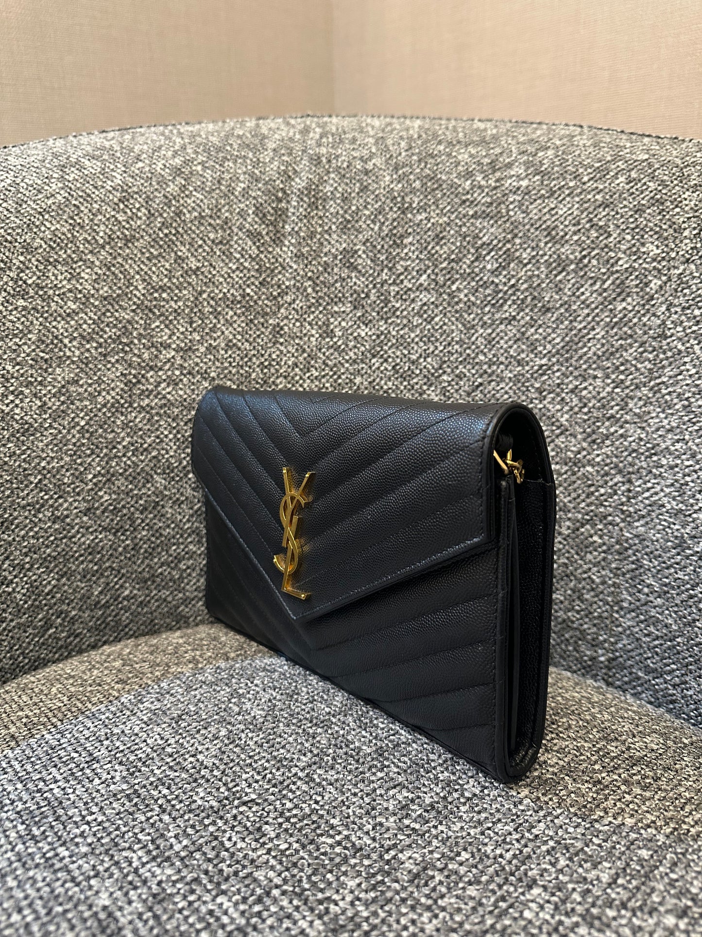 Yves Saint Laurent Wallet on Chain in Black Chevron Leather with Gold Hardware