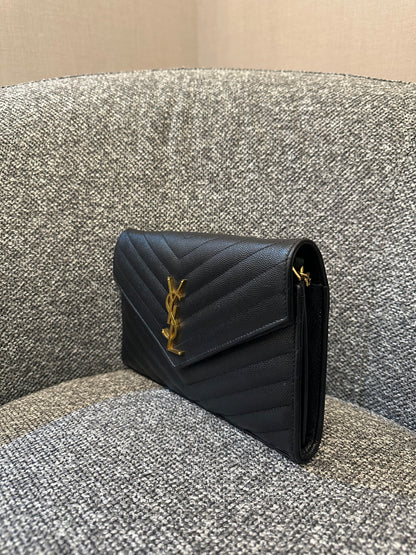 Yves Saint Laurent Wallet on Chain in Black Chevron Leather with Gold Hardware