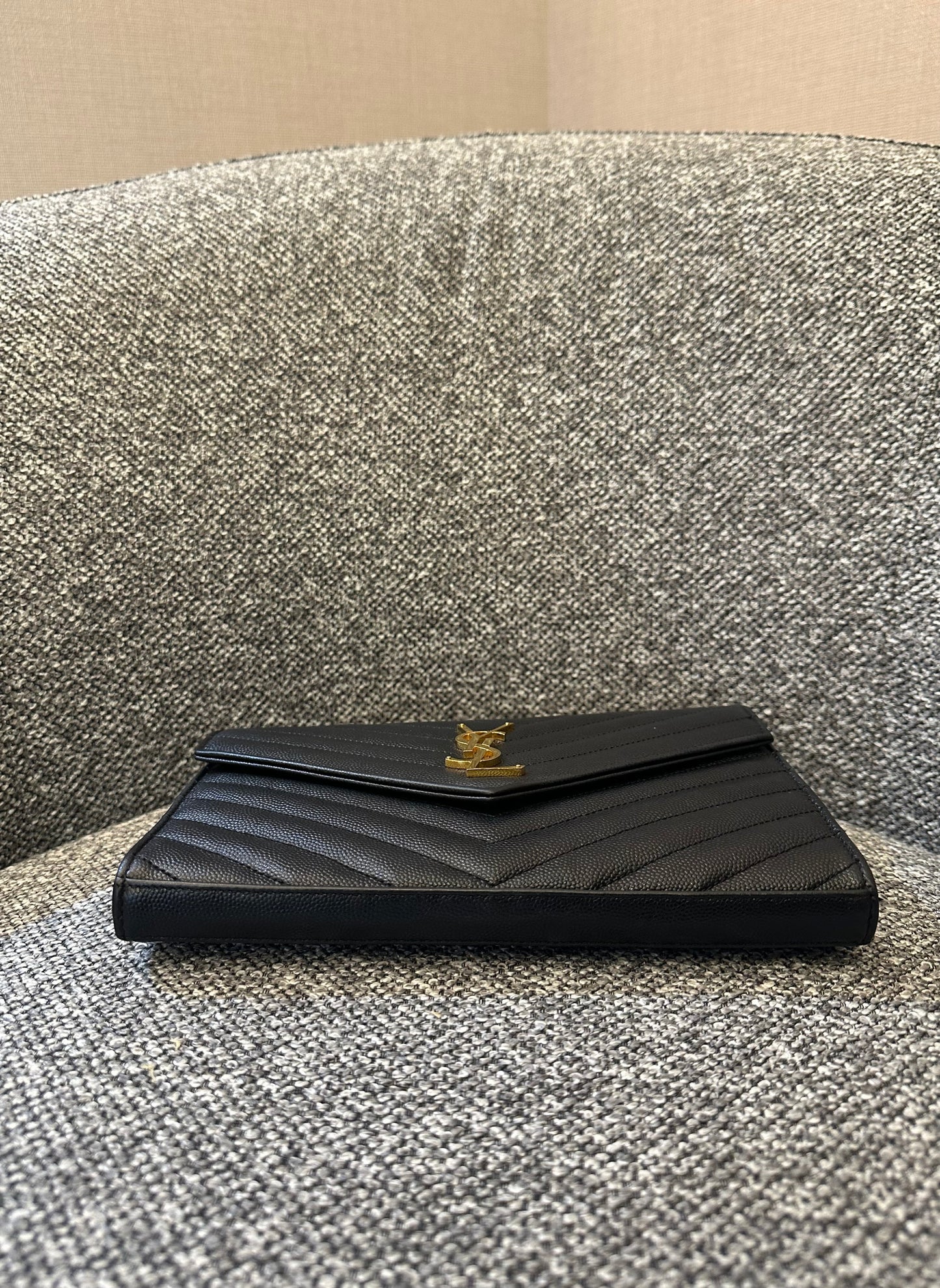 Yves Saint Laurent Wallet on Chain in Black Chevron Leather with Gold Hardware