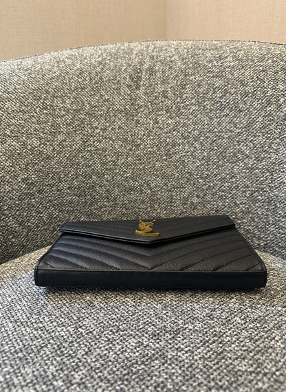 Yves Saint Laurent Wallet on Chain in Black Chevron Leather with Gold Hardware