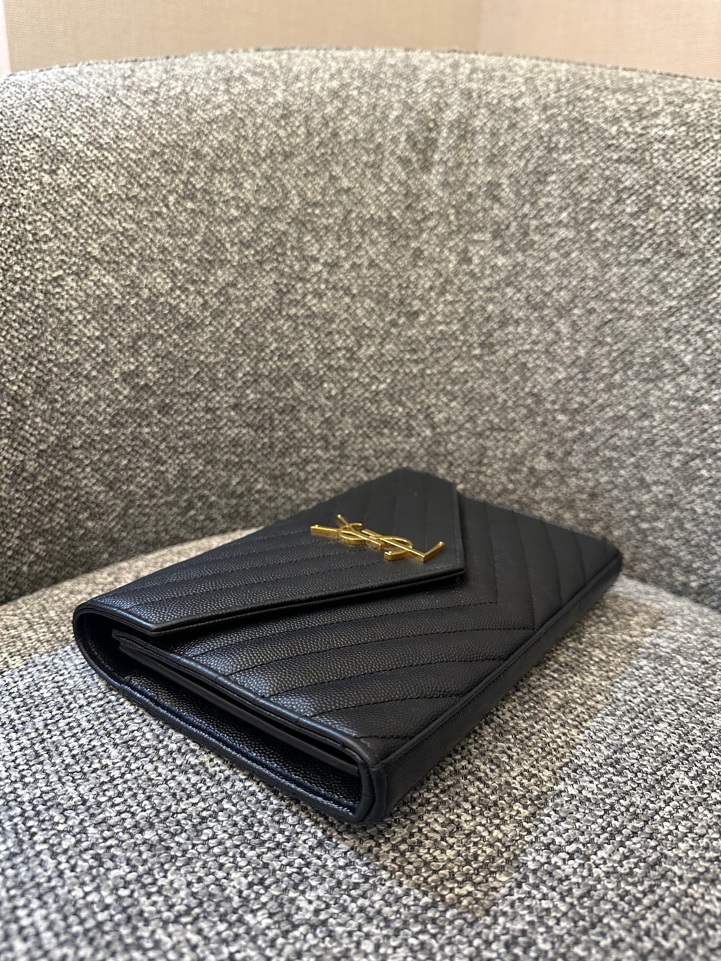 Yves Saint Laurent Wallet on Chain in Black Chevron Leather with Gold Hardware