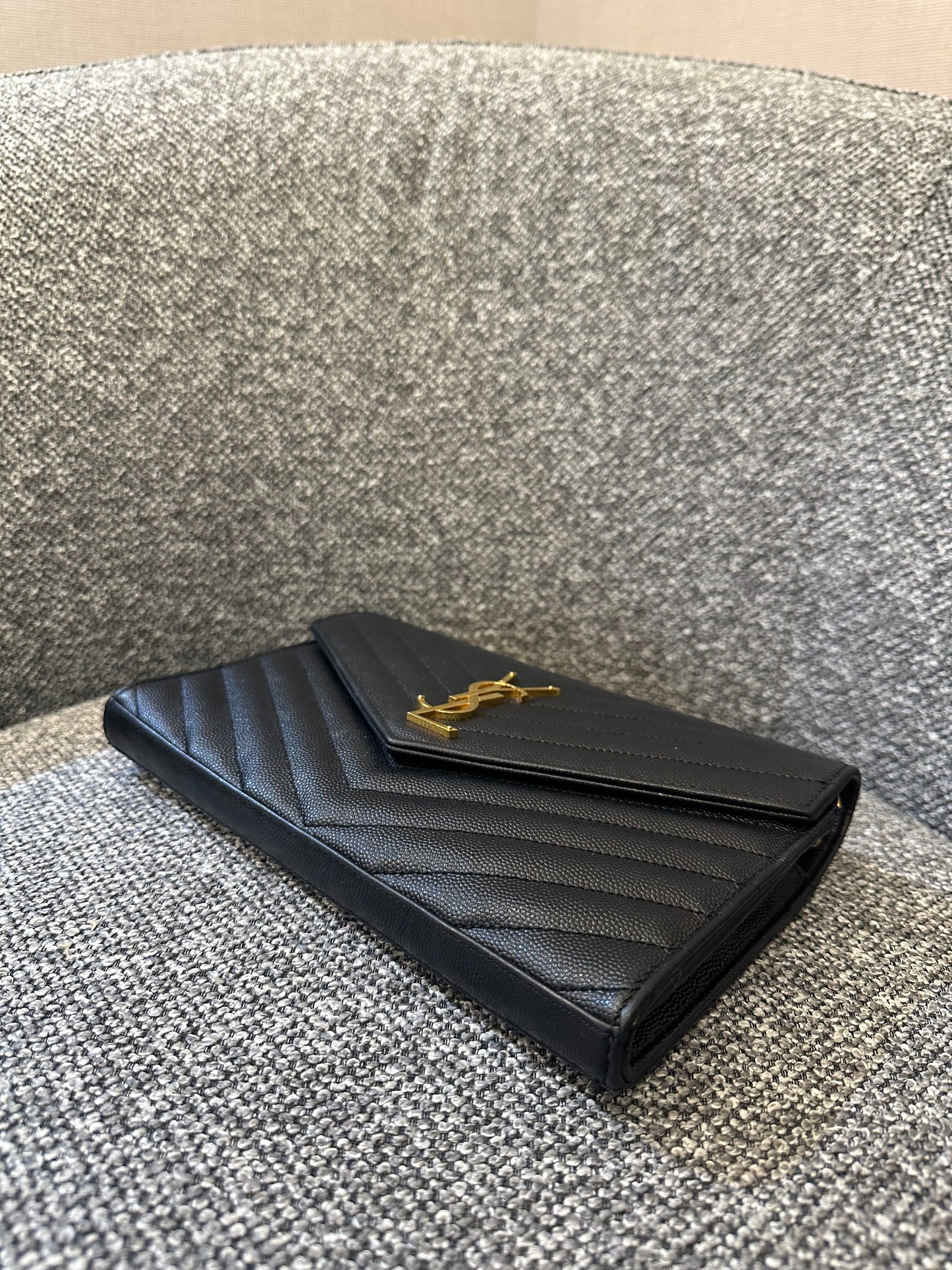 Yves Saint Laurent Wallet on Chain in Black Chevron Leather with Gold Hardware