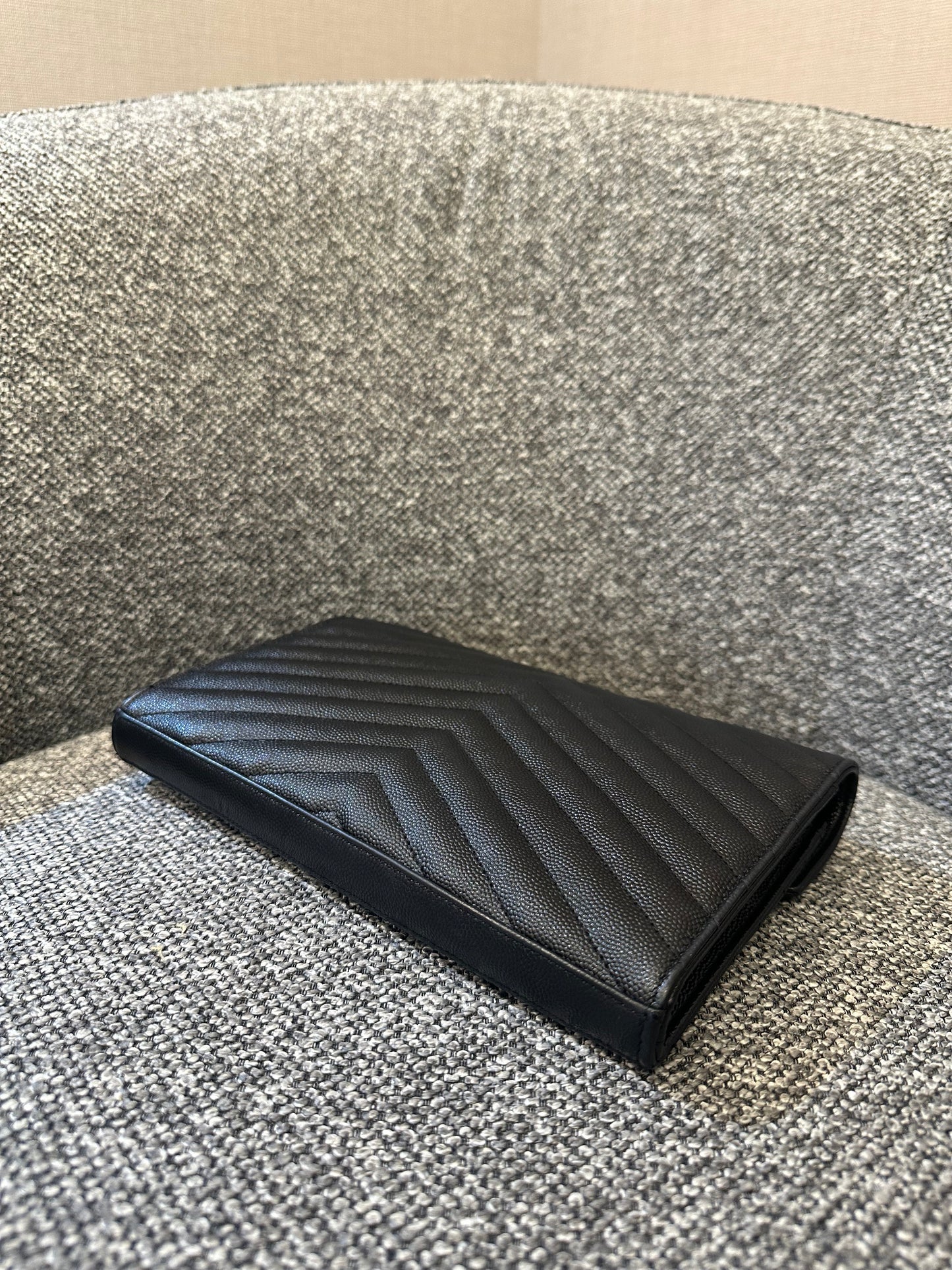 Yves Saint Laurent Wallet on Chain in Black Chevron Leather with Gold Hardware