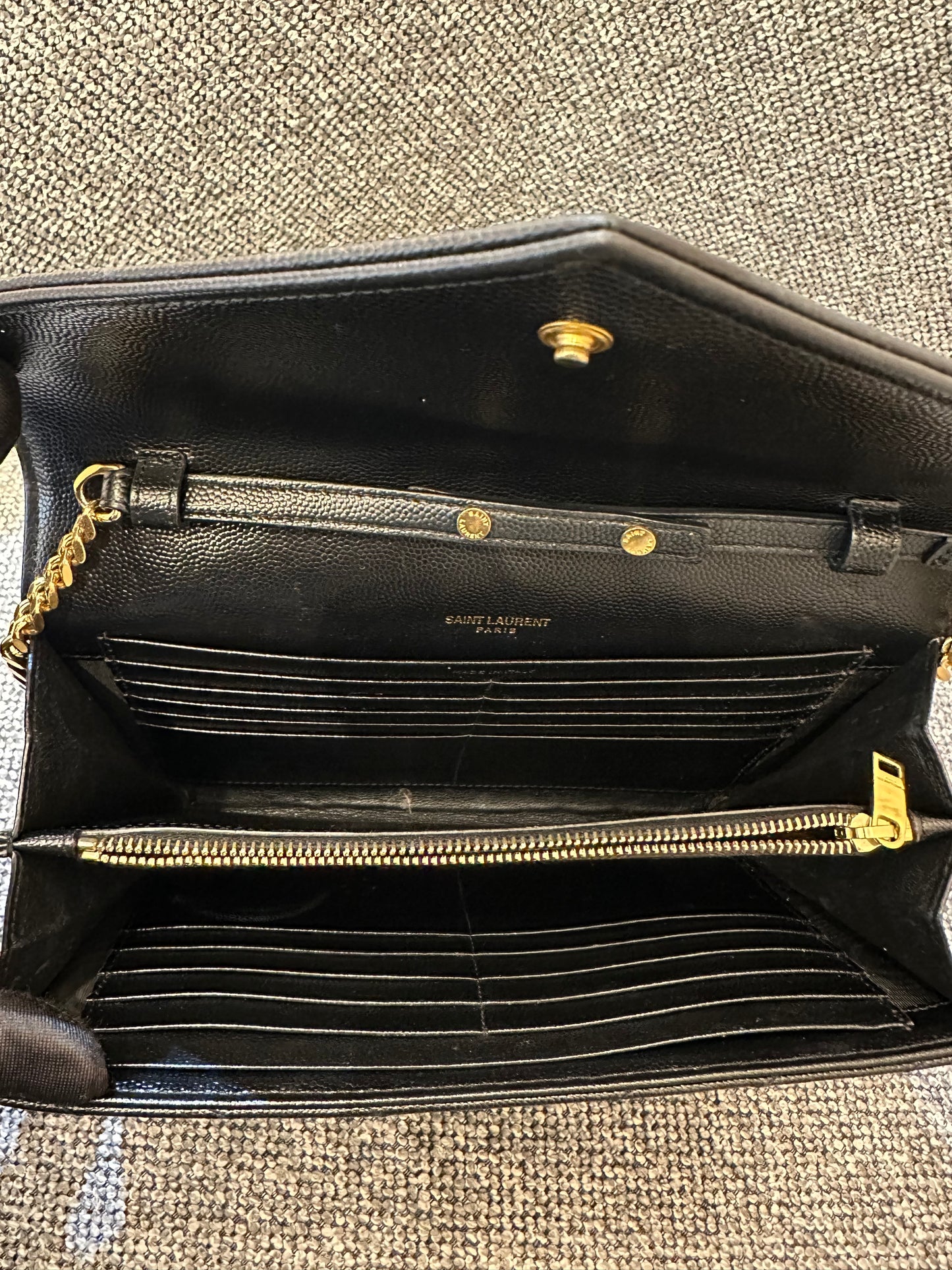 Yves Saint Laurent Wallet on Chain in Black Chevron Leather with Gold Hardware