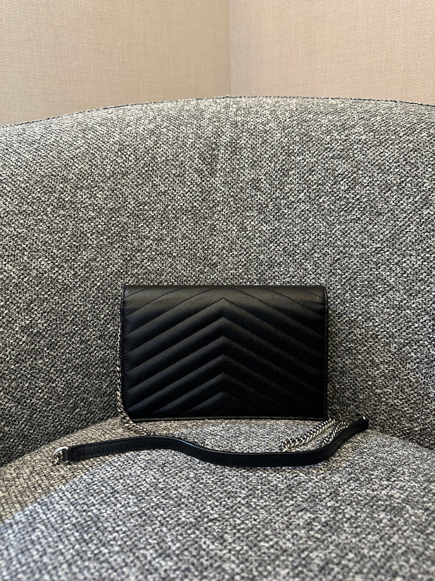 Yves Saint Laurent Cassandre WOC in Quilted Black Leather with Silver Hardware