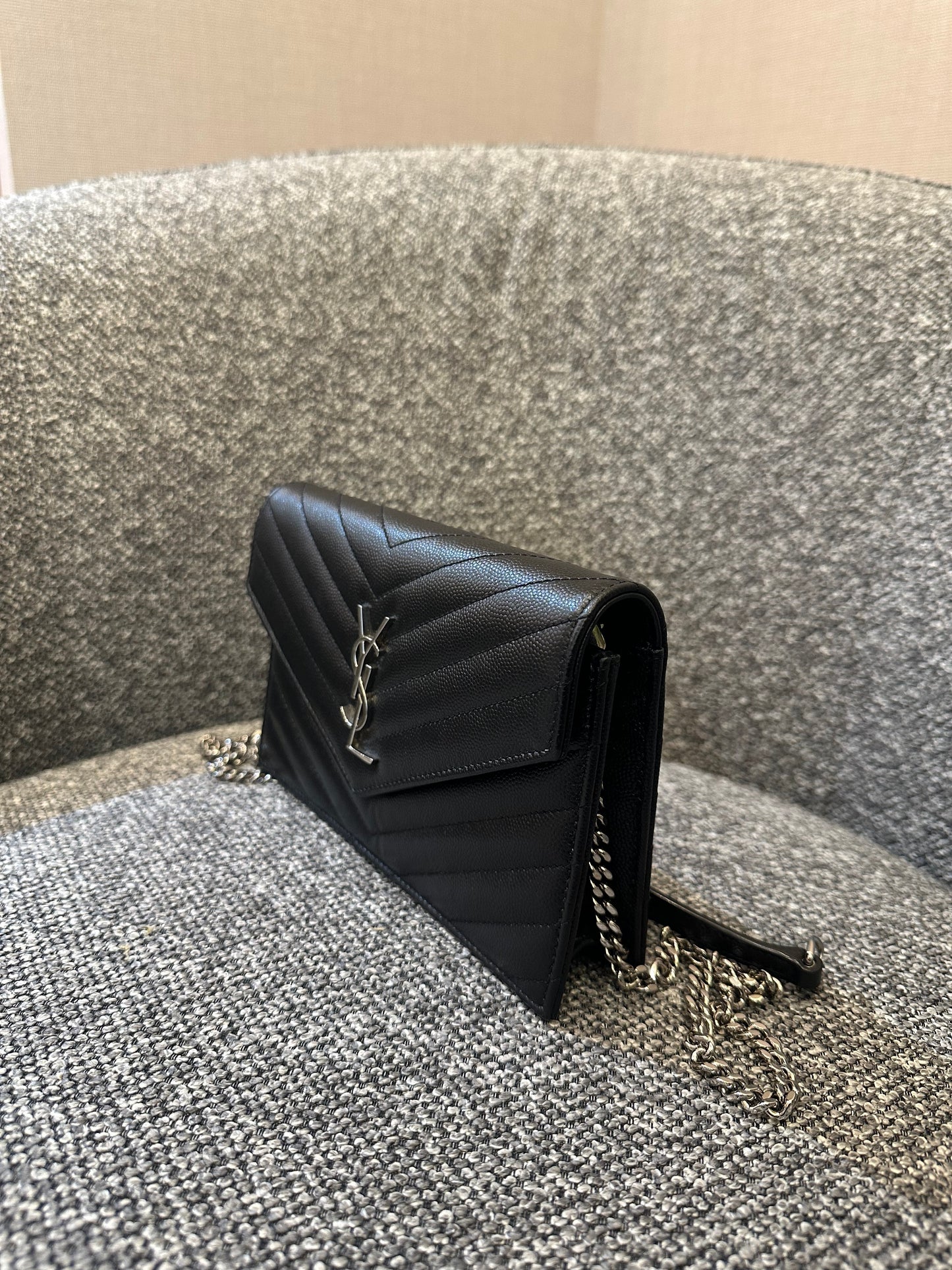 Yves Saint Laurent Cassandre WOC in Quilted Black Leather with Silver Hardware