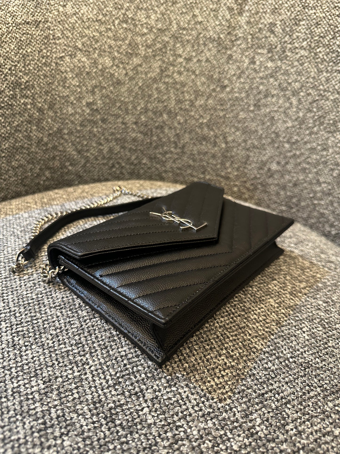 Yves Saint Laurent Cassandre WOC in Quilted Black Leather with Silver Hardware
