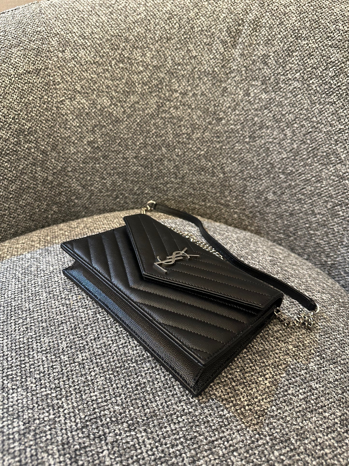Yves Saint Laurent Cassandre WOC in Quilted Black Leather with Silver Hardware