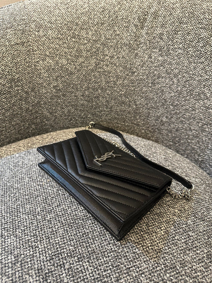 Yves Saint Laurent Cassandre WOC in Quilted Black Leather with Silver Hardware