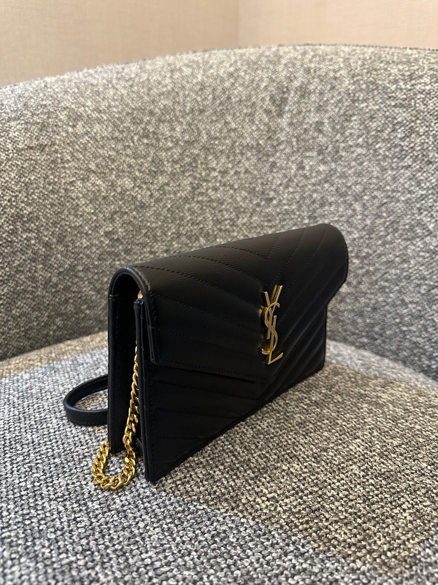 Yves Saint Laurent Cassandre WOC in Quilted Black Leather with Gold Hardware