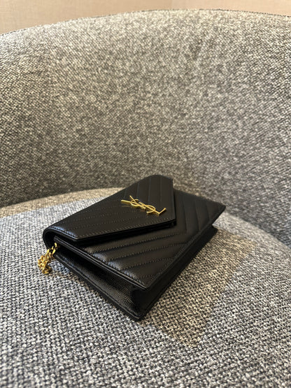 Yves Saint Laurent Cassandre WOC in Quilted Black Leather with Gold Hardware