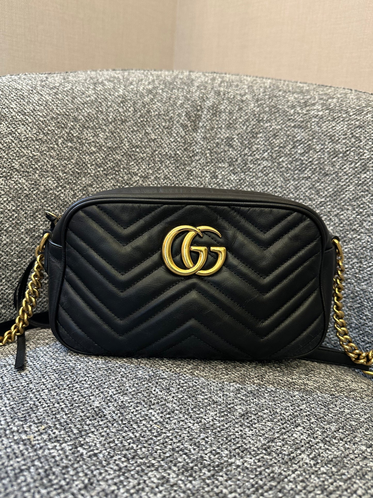 Gucci GG Marmont Camera Bag in Black Matelassé Leather